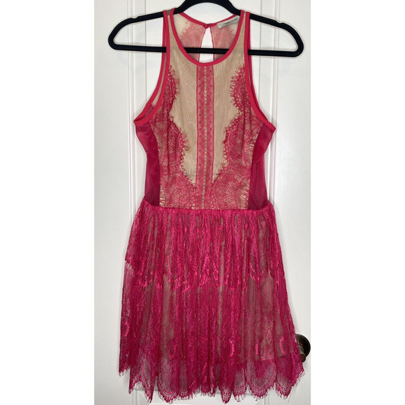 Three Floor Mini Dress Hot Pink Fuschia Lace Open Back Size 12‎ - Picture 5 of 13
